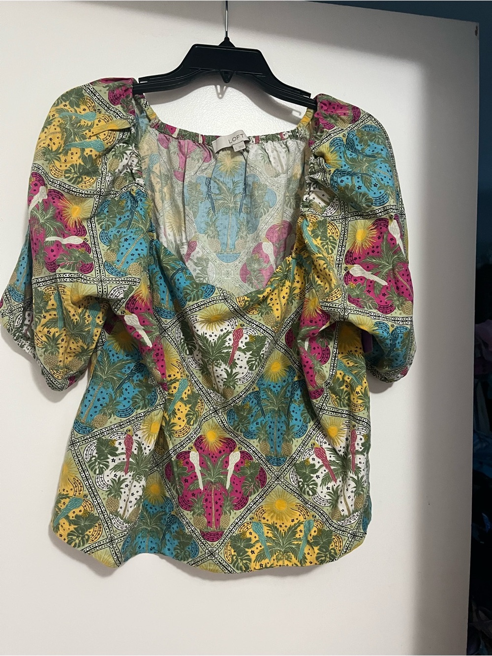 LOFT Puff-Sleeve Floral Patchwork Top in Blue, Yellow, Pink, Green